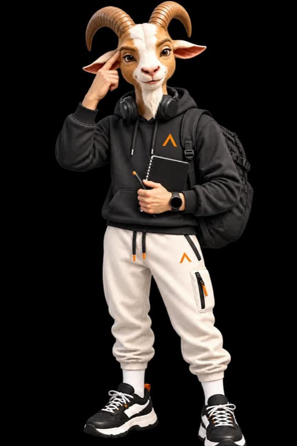 Athleplan's goat mascot thinking, notebook in hand