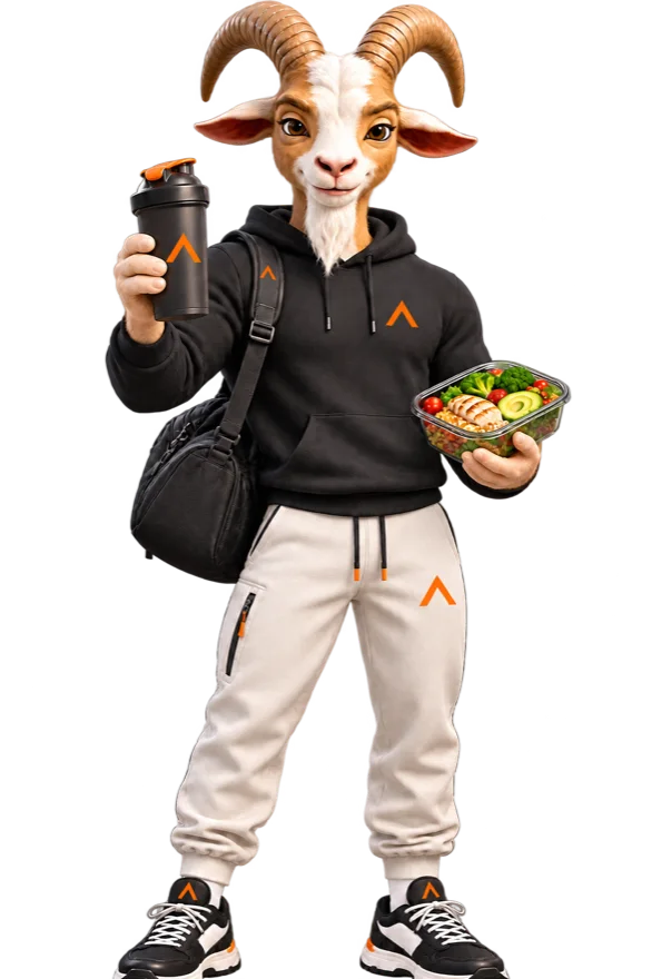 Athleplan goat holding a meal box and shaker